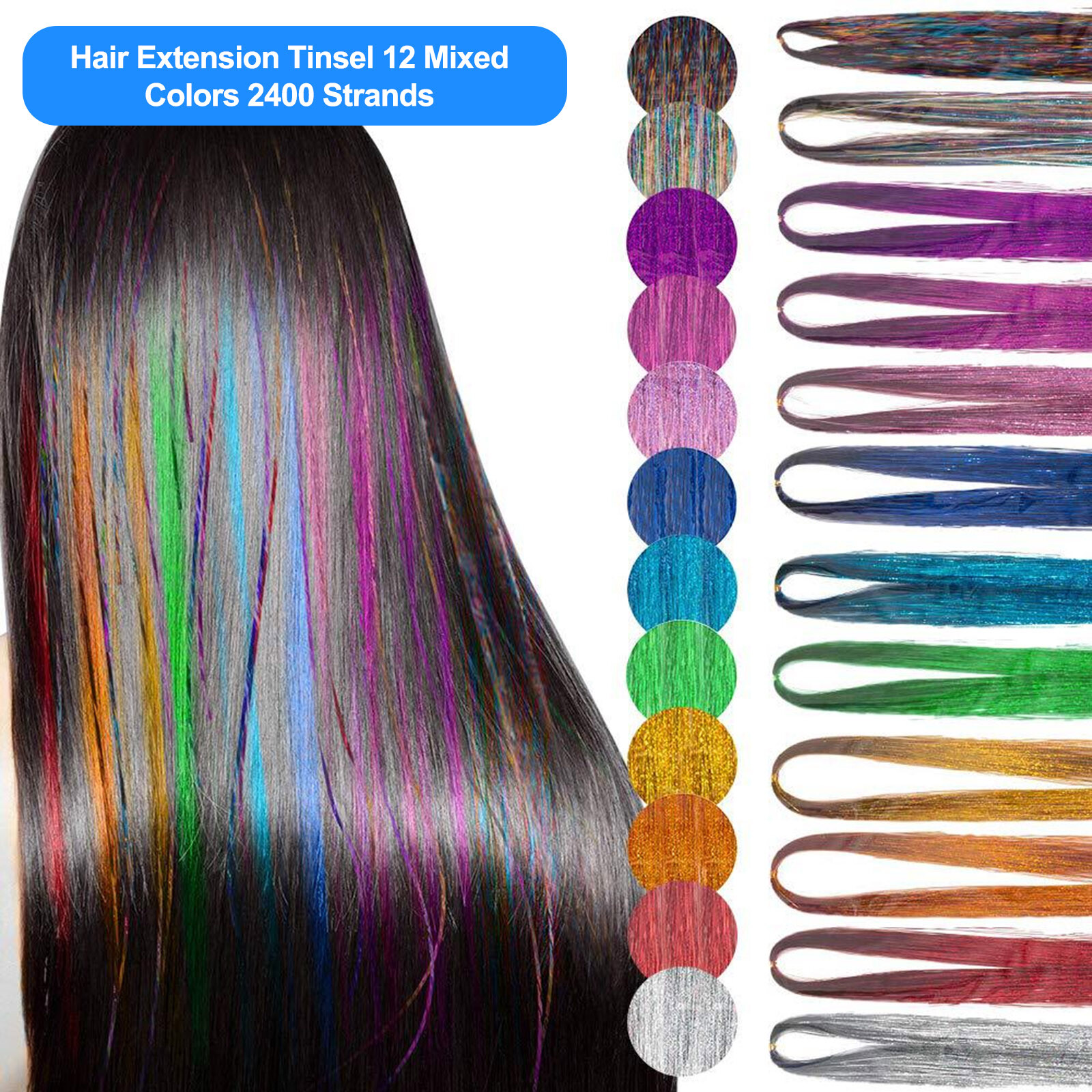 47 Inches Hair Extension Tinsel Kit with Tool 12 Mixed Colors 2400 Strands F7M6
