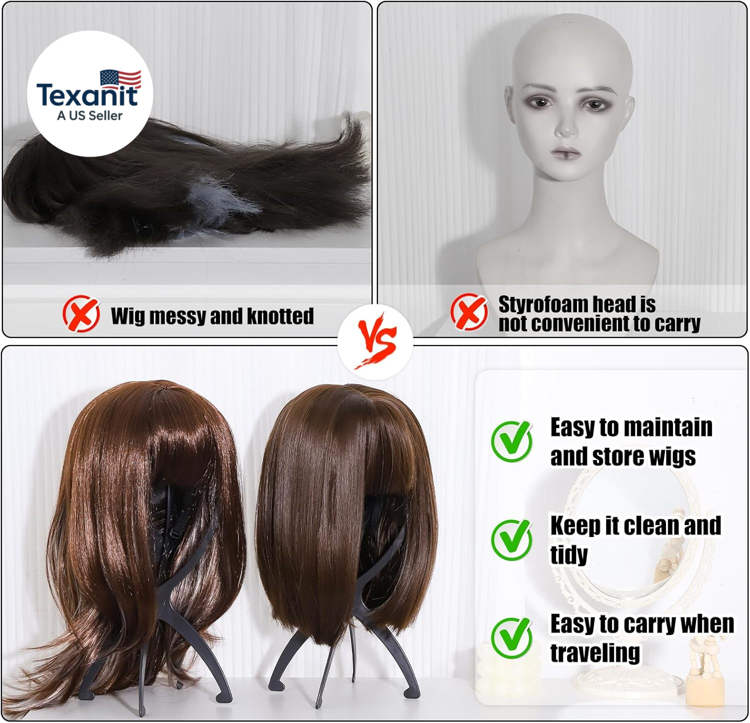 Wig Stand, Portable Wig Holder Wig Head Stand for All Wigs Travel Wig Hair Styli