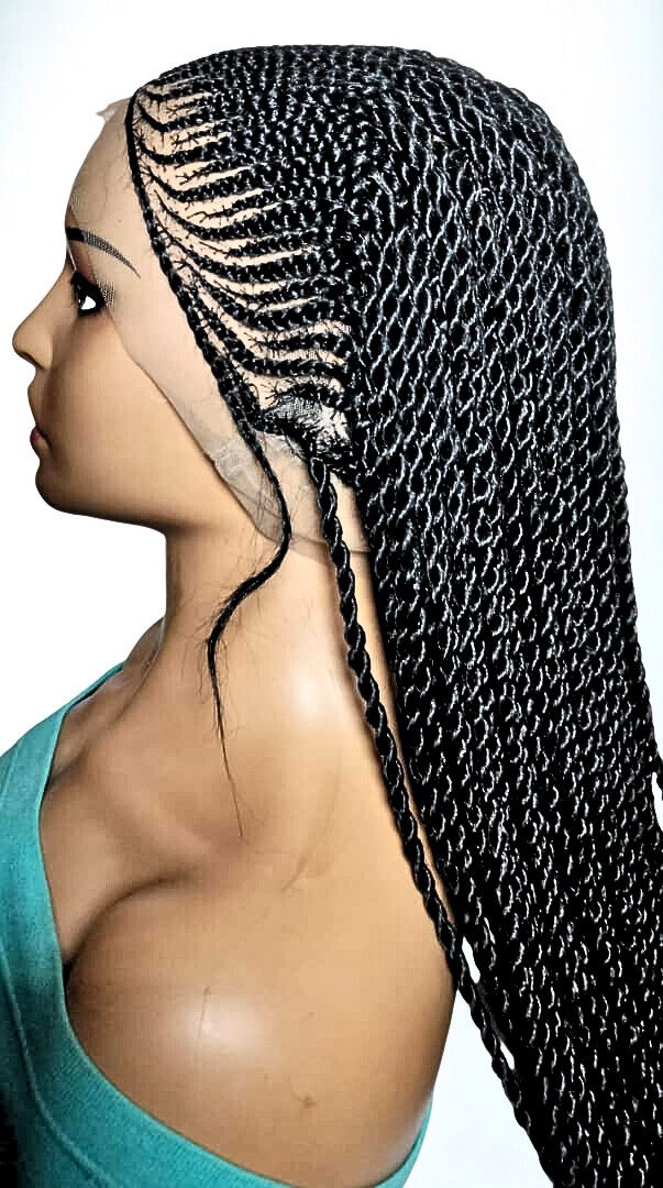 Black Braided Wig. Cornrow Twist Braids. Full Lace with Baby Hair.