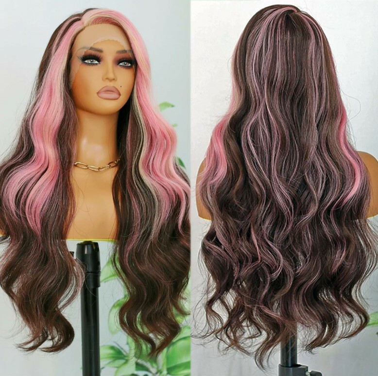 HD Lace Front Wig Hand Tied Rose Gold Brown Pink Long Curly Hair Daily Money