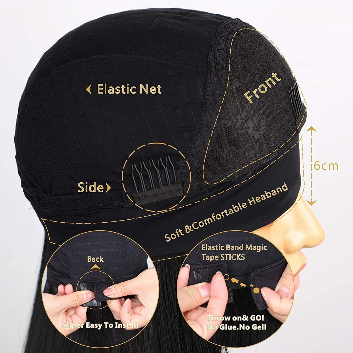 Short Bob Human Hair Wig Black Yaki Straight Headband Wigs Natural Looking US