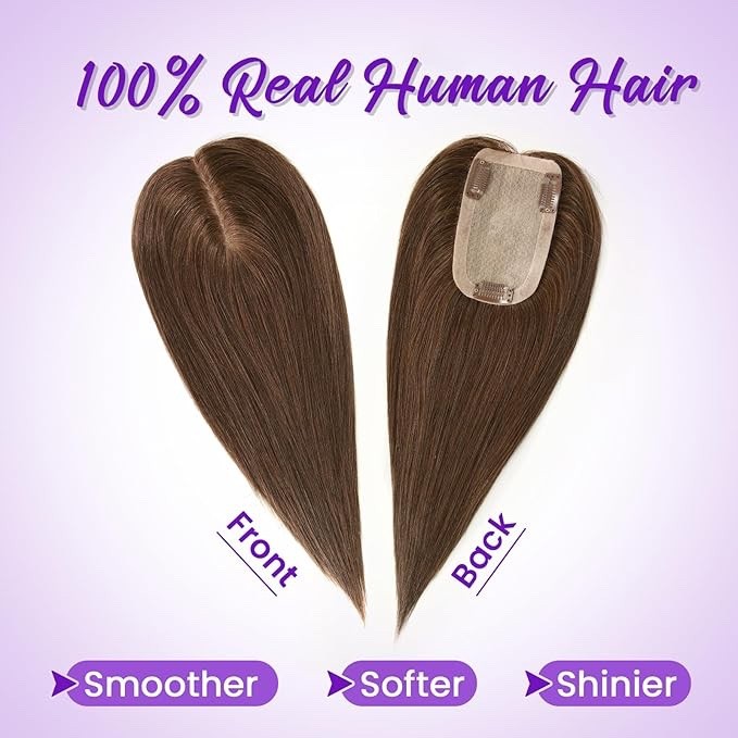 ROSELOVER 100% Real Human Hair 10” Clip In Topper Mono Base Dark Brown NEW