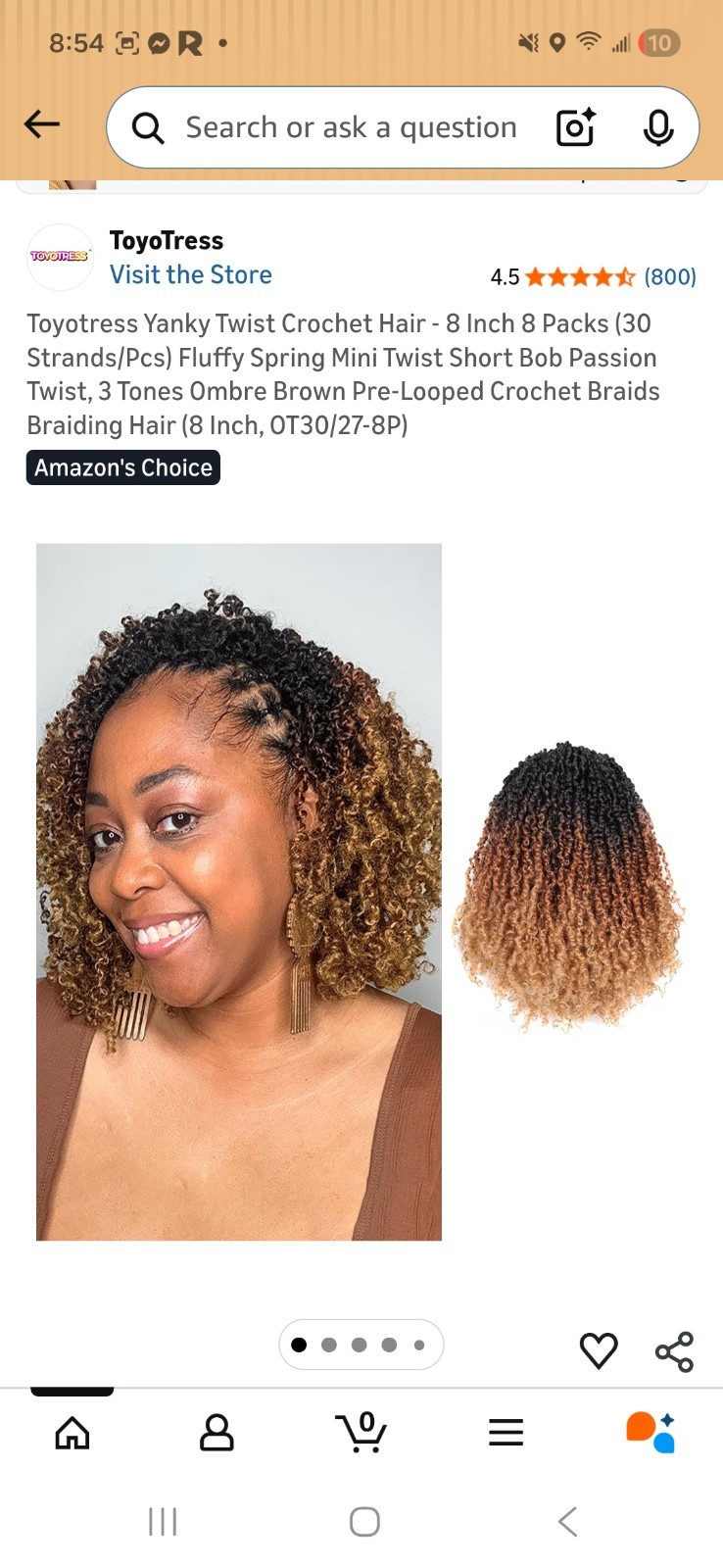 ToyoTress Yanky Twist Crochet Hair 8in Ombré Brown Pre-Looped 8 Packs