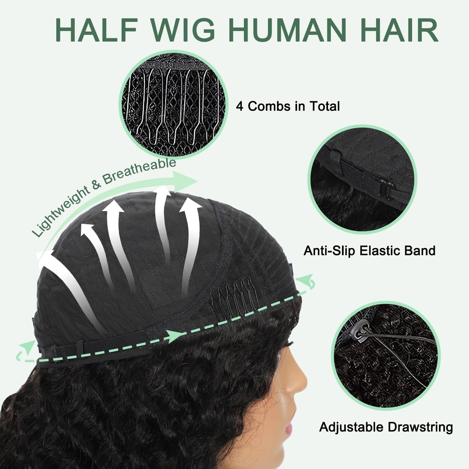 Deep Wave Half Wig Human Hair 3-in-1 Glueless for Black Women, 24 Inch, 200% Den
