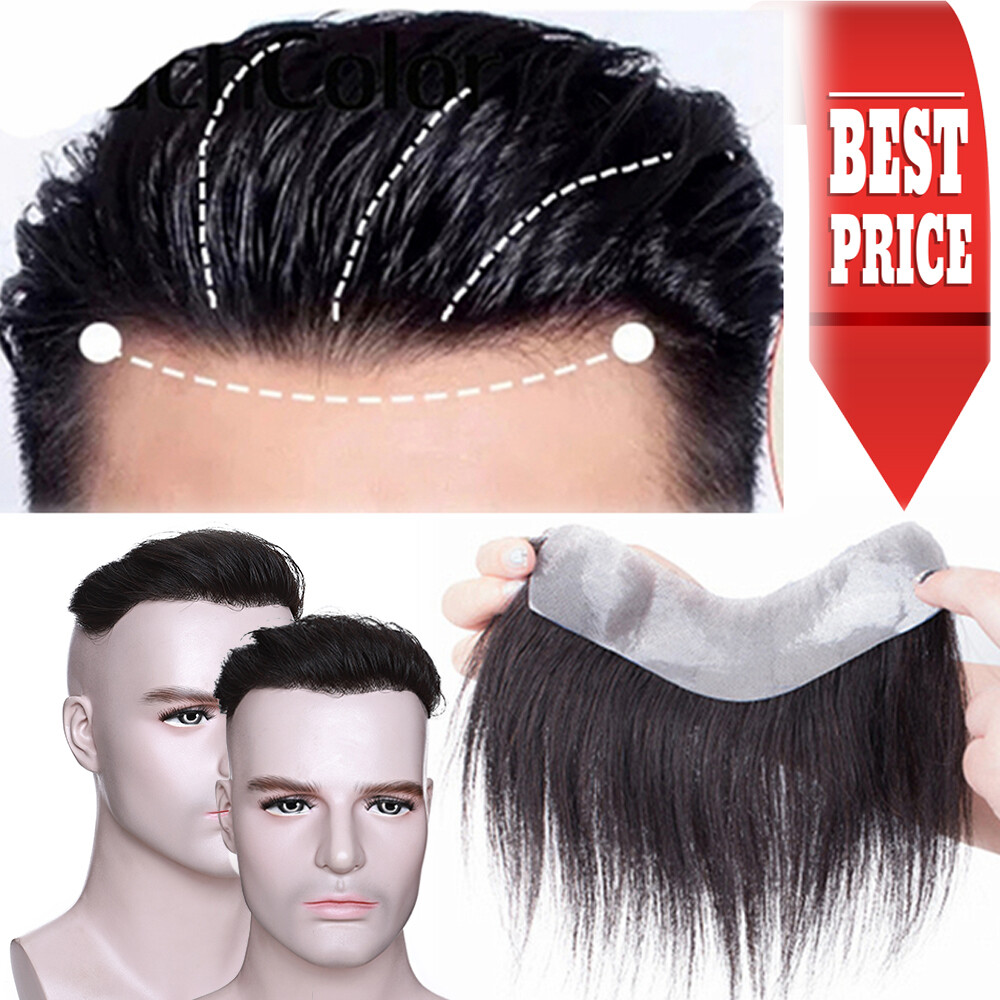 Forehead V-Loop Hairline Mens Toupee Remy Human Hair Hairpiece Thin Skin PU Wigs