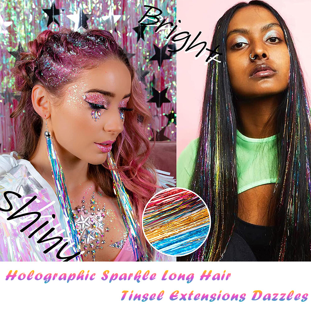 Sparkle Hair Tinsel Holographic Glitter Extensions Highlights False Hair Pieces