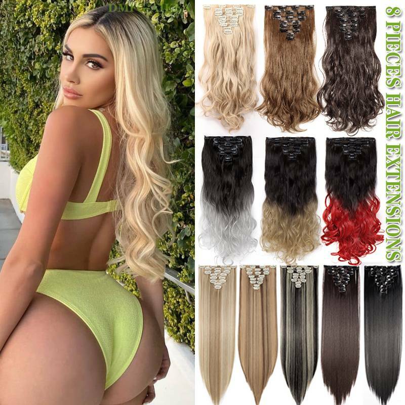 US 8Pieces Clip In Hair Extensions Full Head 100% Natural As Human Wavy/Straight