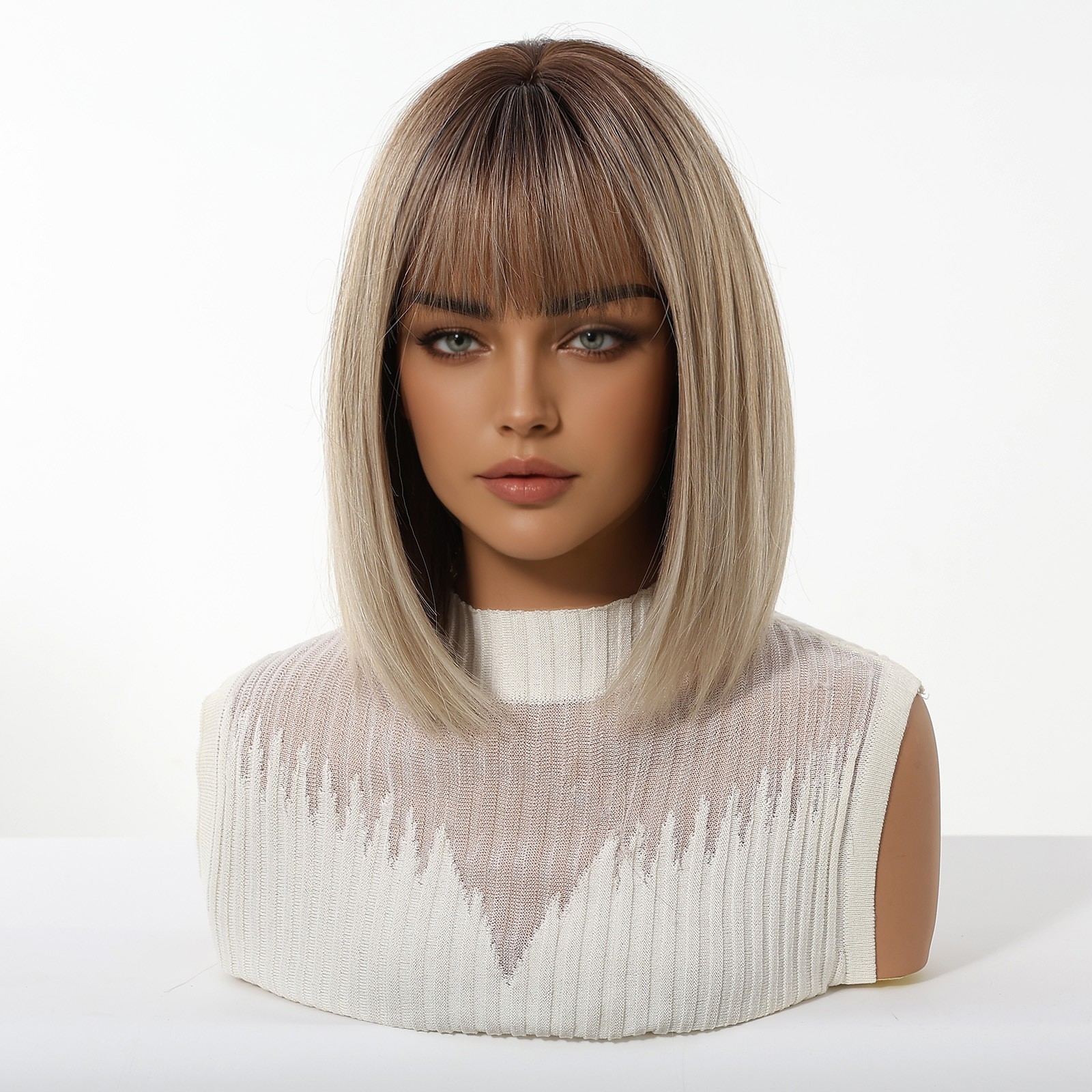 Ombre Ash Blonde Bob Wig With Bangs for Women Girls Party Daily Straight Bob Wig