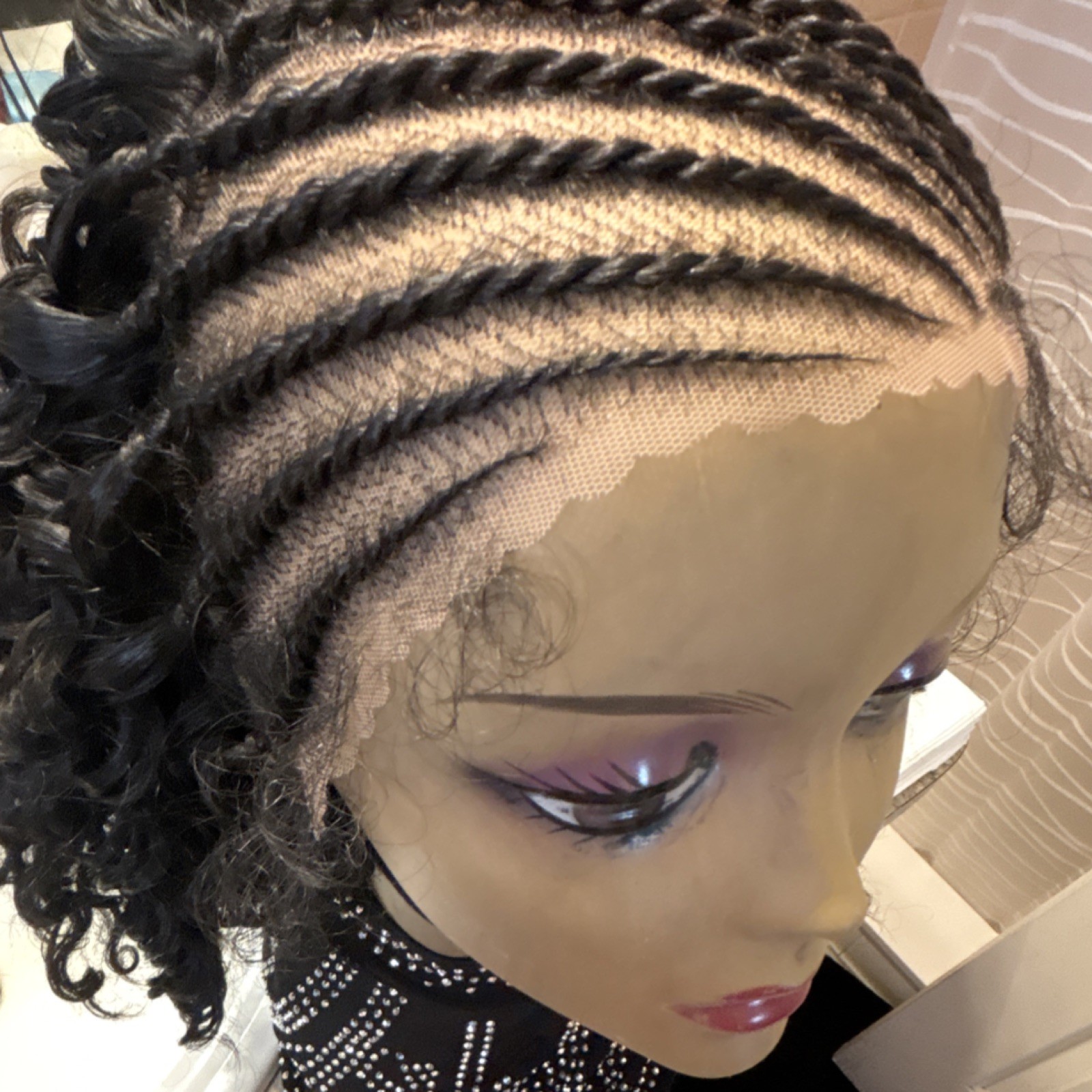 Braided Curly Lace Front 12 inch Human Hair Wig Medium Color 1b