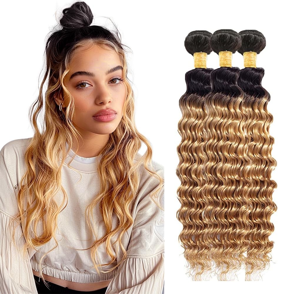 1B/27 Honey Blonde Ombre Deep Wave Bundles Deep Wave Human Hair Wet and Wavy …