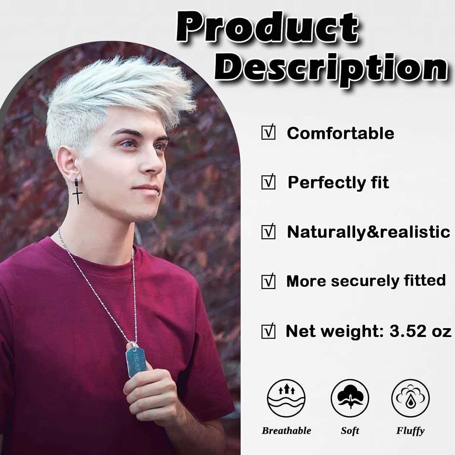 Men’s 6in Short White Straight Wig Full Cosplay Party Synthetic Heat Resistant