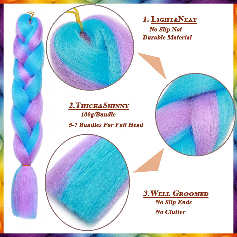 High Quality Jumbo Braiding Hair Extensions Afro Box Ombre Rainbow 24″ Festival