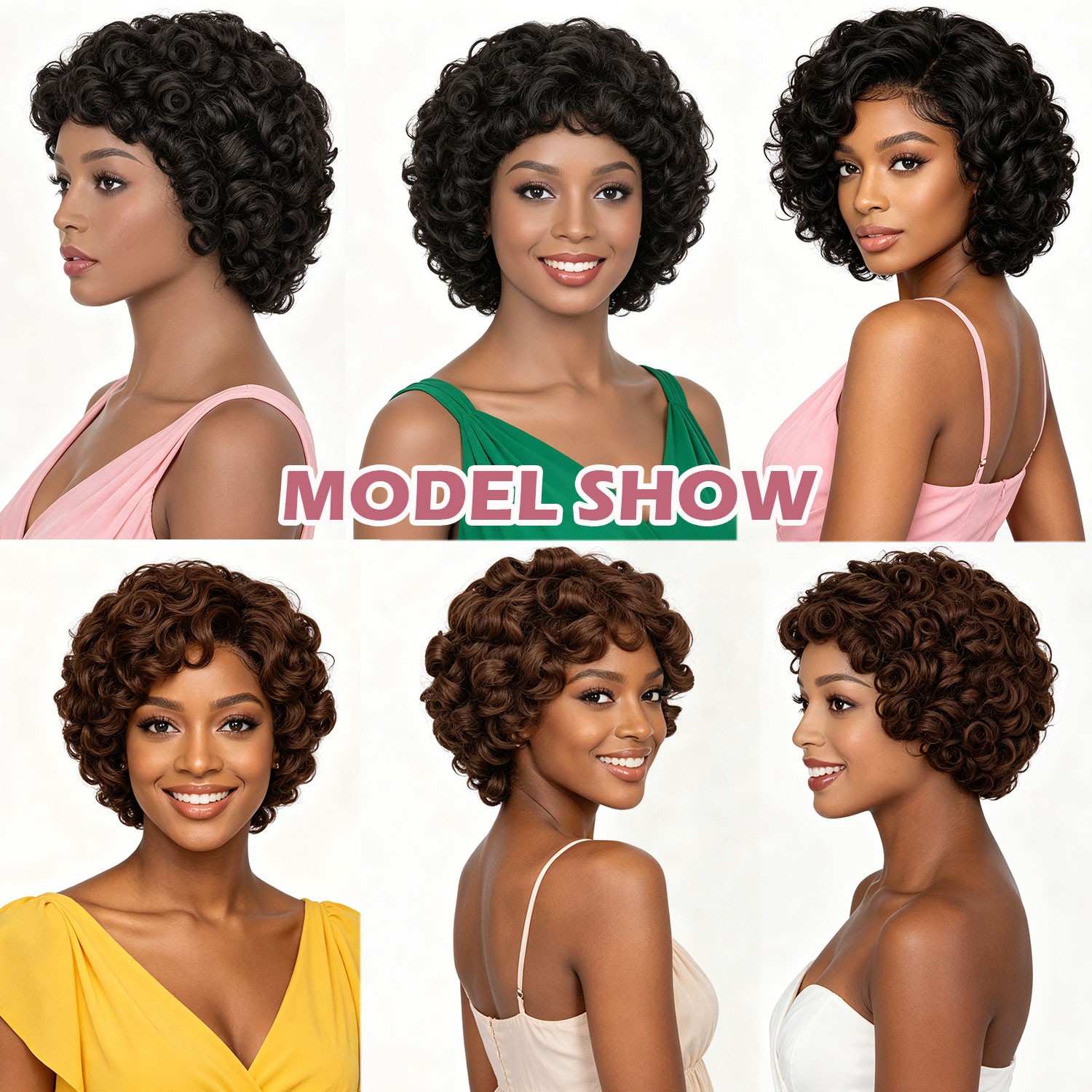 Fluffy HUMAN Hair Wig Womens Human Hair Short Curly Wavy Hair Wigs Rose Net 10in
