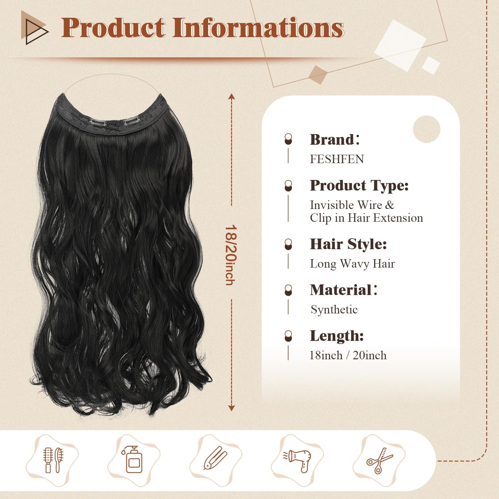 FESHFEN Invisible Wire Hair Extensions 20″ Long Wavy Synthetic Black