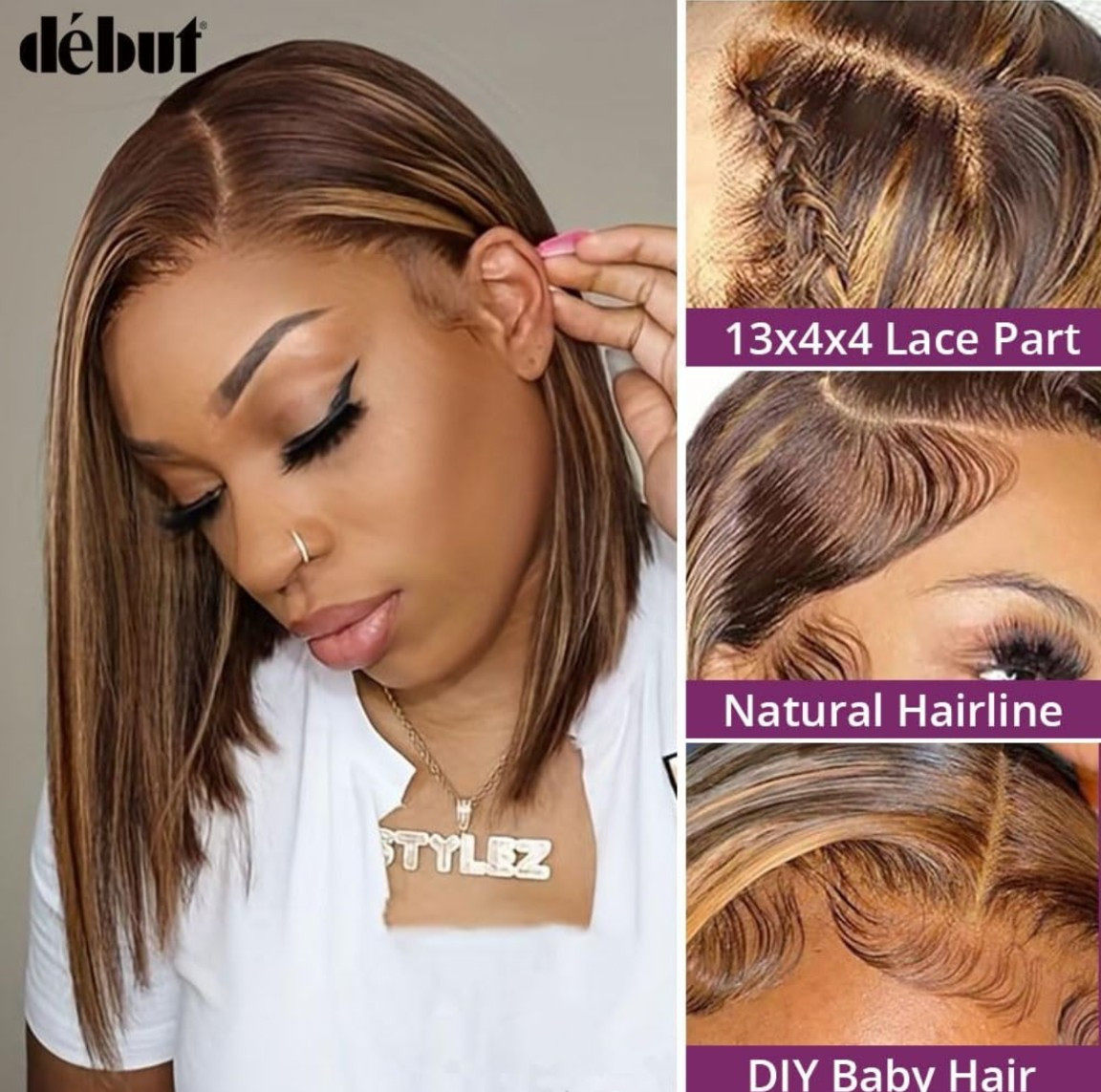 DÉBUT 13x4x4 Highlight Human Hair Short Bob Wigs, HD Lace Closure 8″