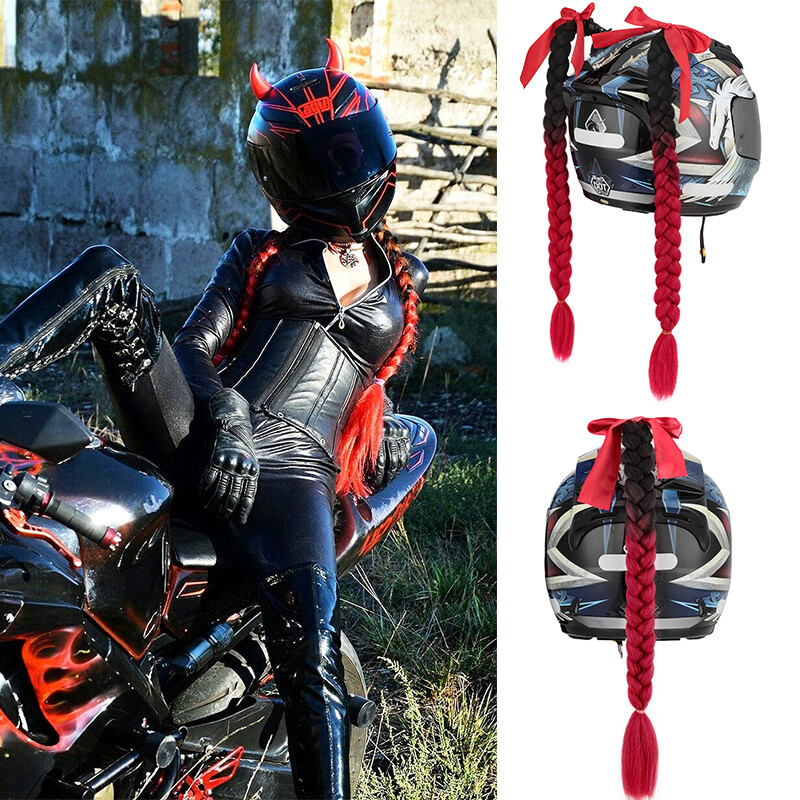 1Pcs Gradient RED Ramp Helmet Braid Ponytail Hair Pigtail For Motorcycle Bike US