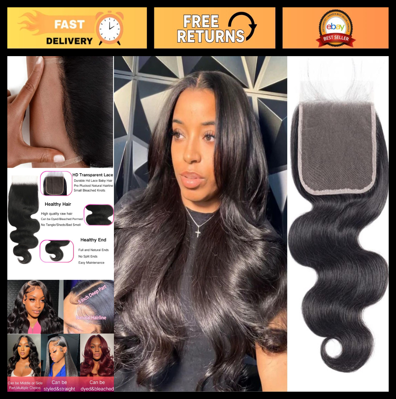 5×5 HD Lace Closure Body Wave Hair for Black Women, 12A Virgin Remy, 20 Inch