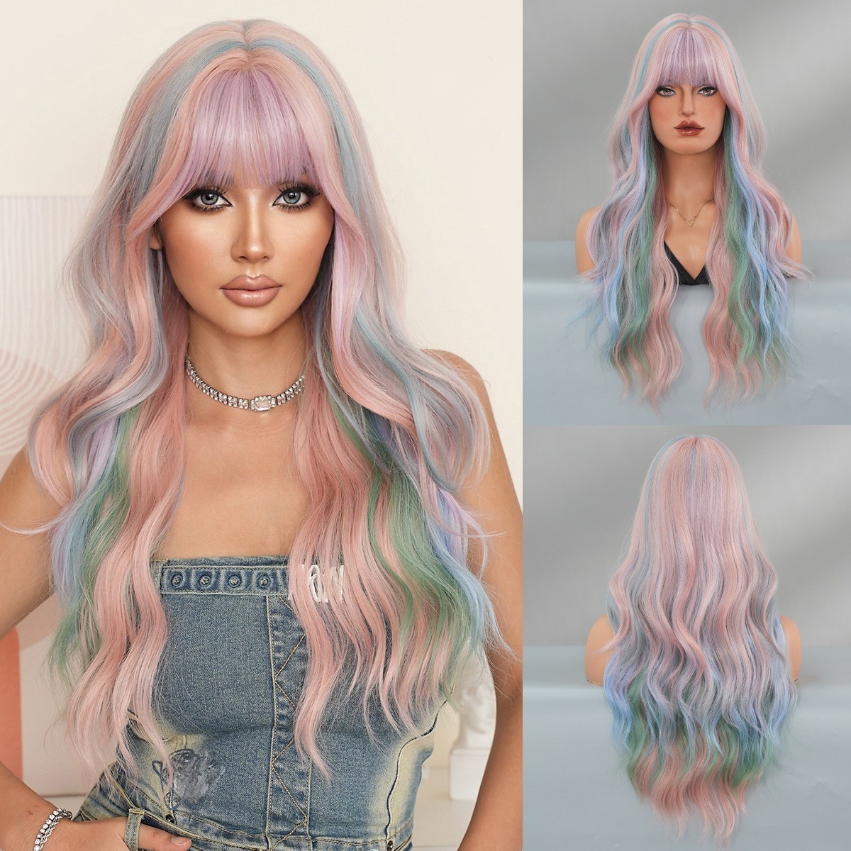 Y2K Lolita Synthetic Hair Wig Rainbow Cosplay Party Long Curly Wig with Bangs
