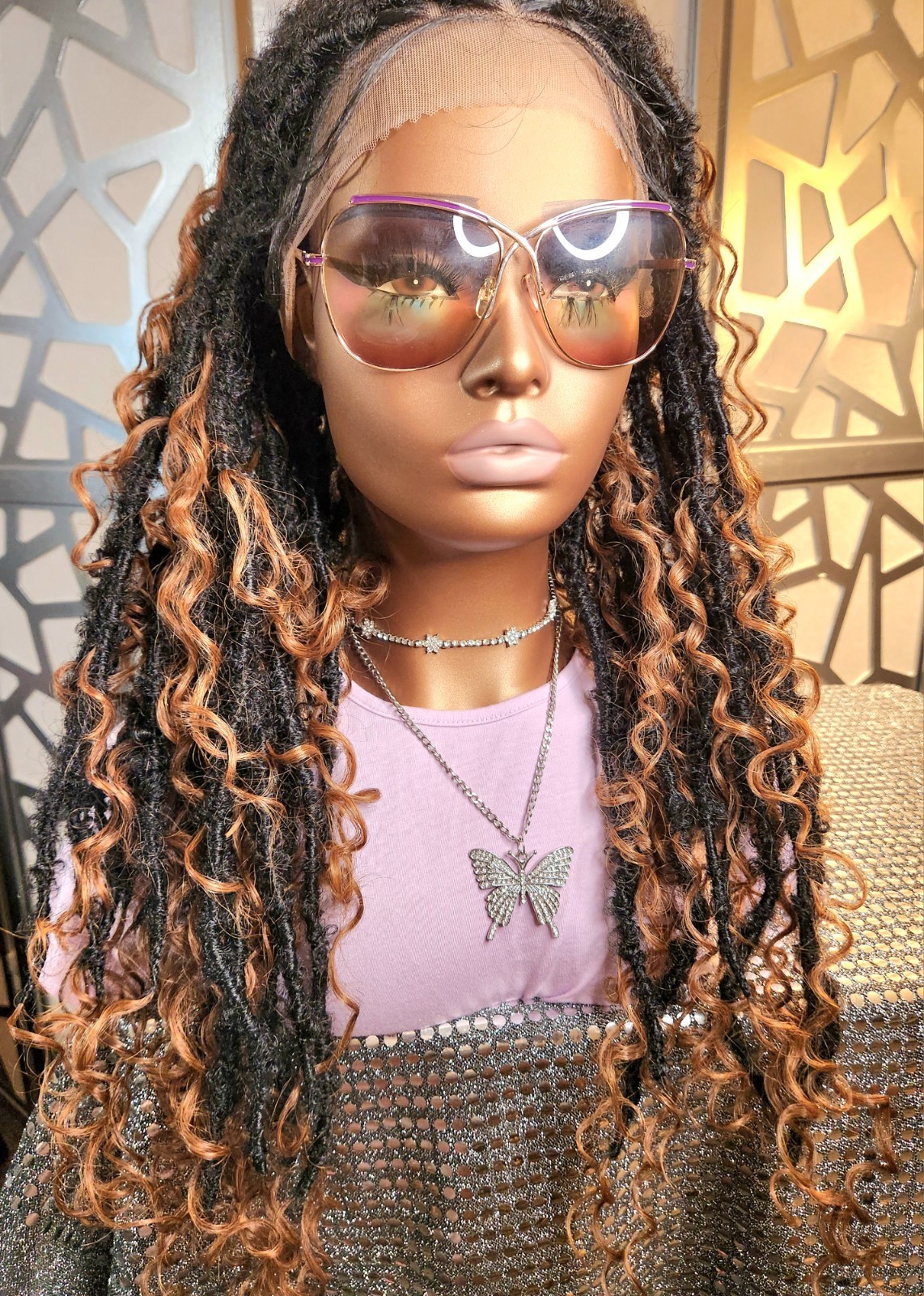 Boho Knotless Dreadlocks Wig 13×6 Lace Front Ombre Black Auburn Curly Ends