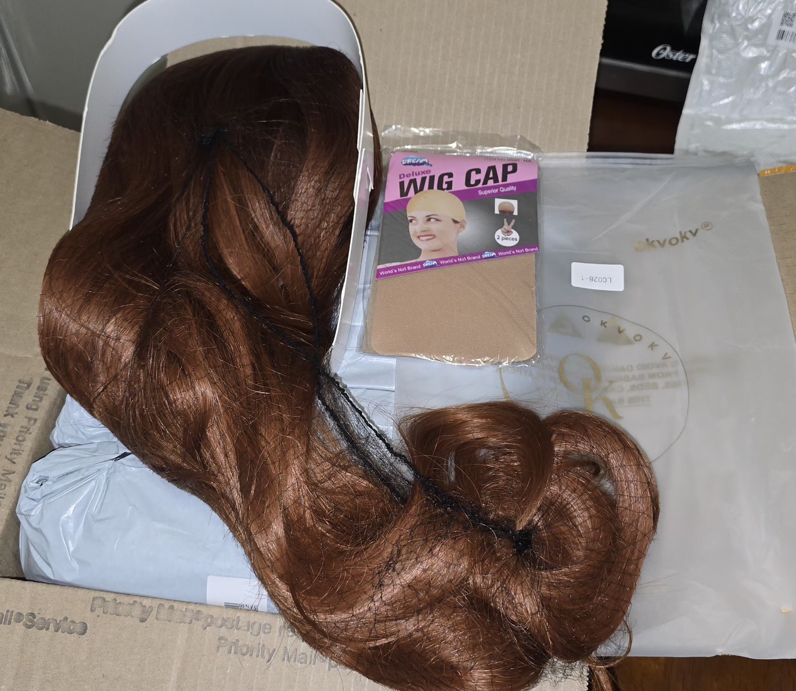 OKVOKV Synthetic Wavy Wig Heat-Resistant with Wig Cap Black Brown Ombre