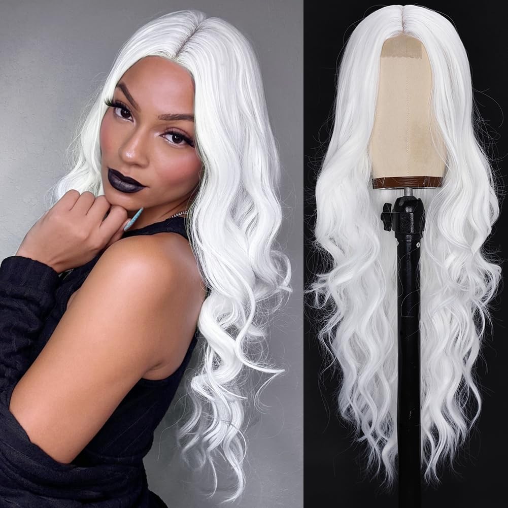 White Wigs for Women 26 Inch White Long Wavy Wig Middle Part Glueless Lace Wi…