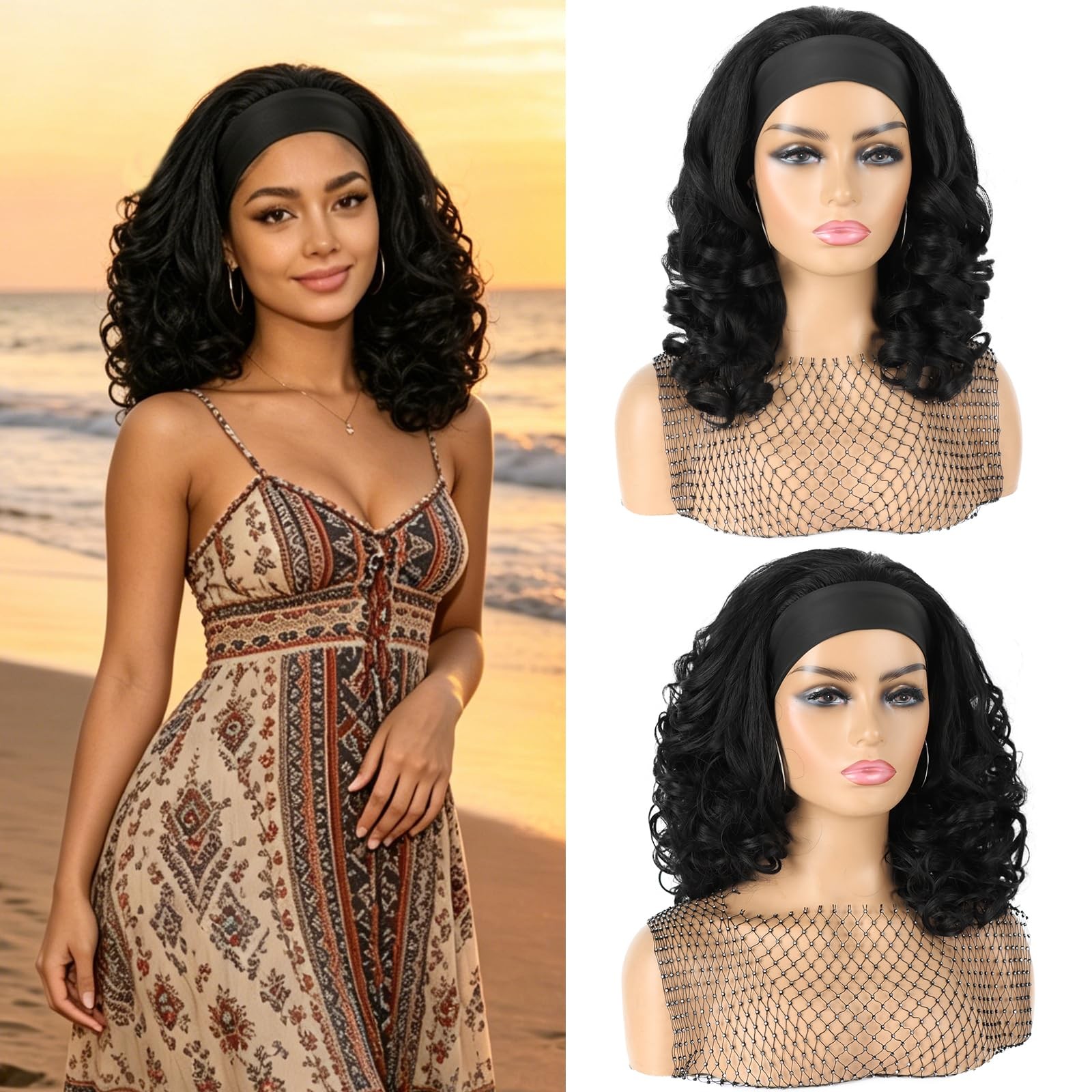 Yaki Curly Headband Wigs for Black Women Kinky Straight Curly Headband Wigs S…