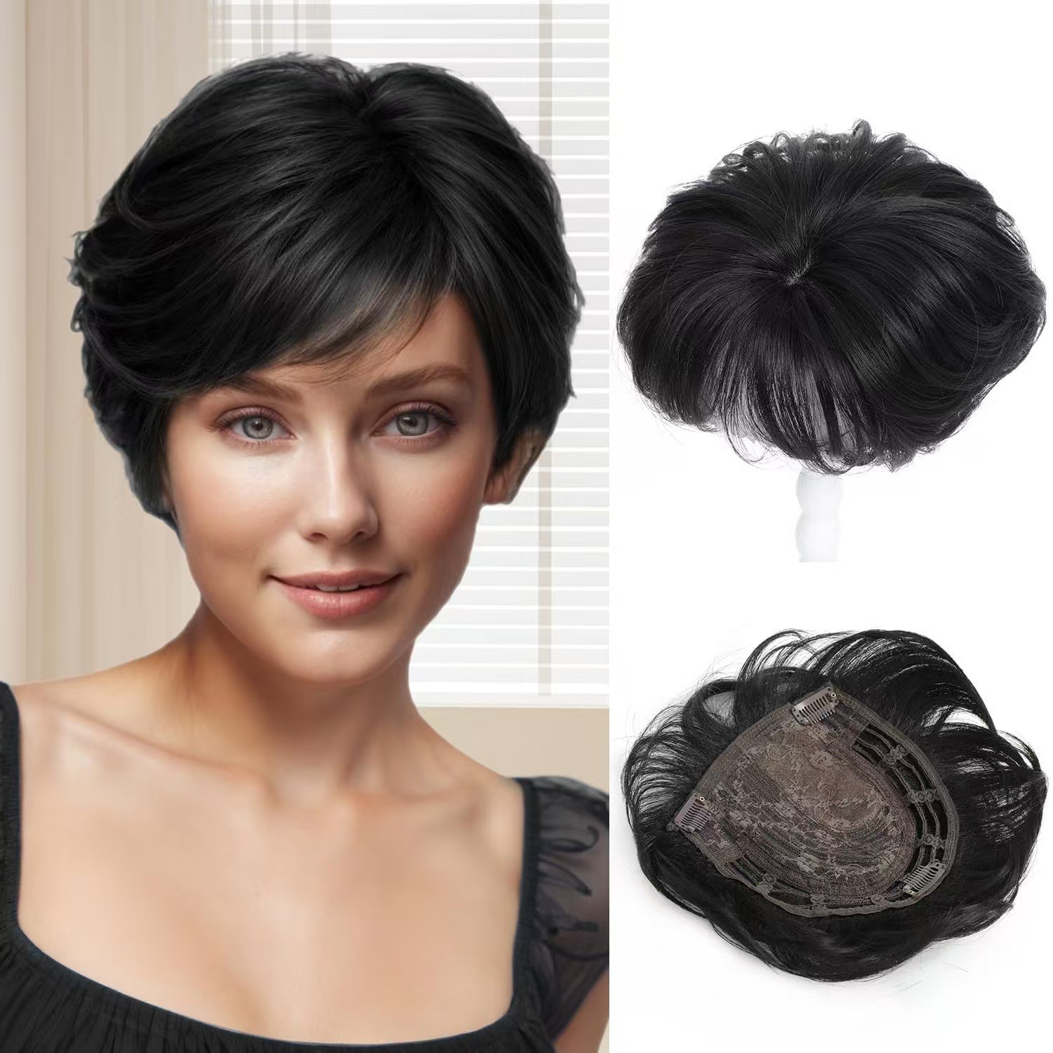Women Synthetic Hair Topper Short Curly Wiglet Clip In Crown Gray Black New