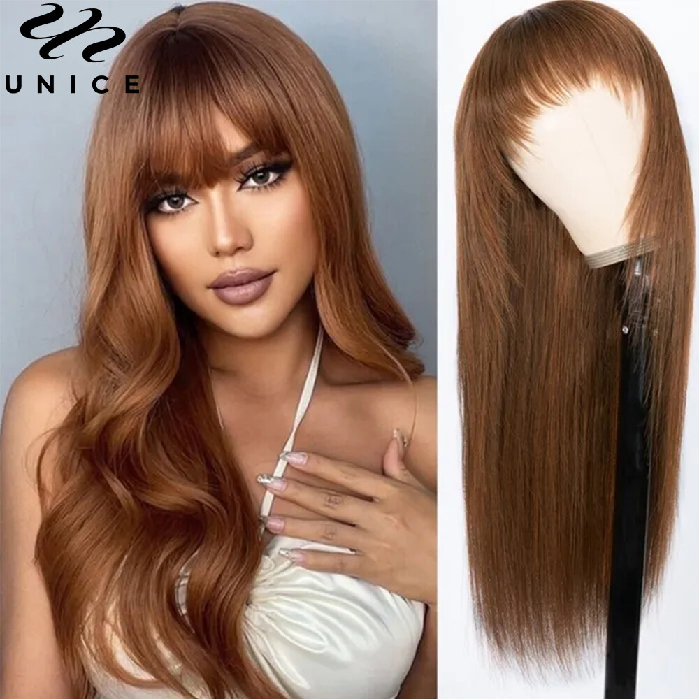 UNice Brazilian Brown Yaki Straight Human Hair Wig with Bang Lace Wigs Layer Cut