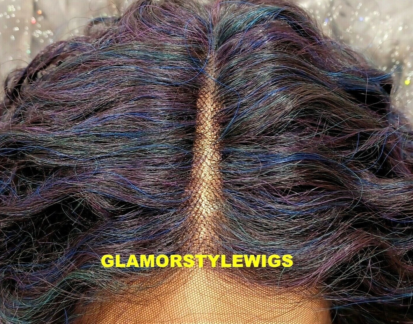 38” LACE FRONT FULL WIG EXTRA LONG LAYERED CURLY BLACK PURPLE BLUE MIX HEAT OK