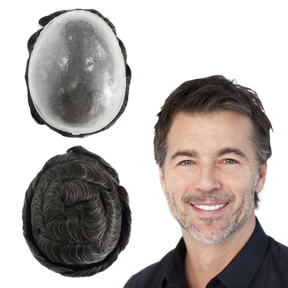 Mens Toupee Human Hair Replecement System Natural Hair Medium 130% Hairpieces PU