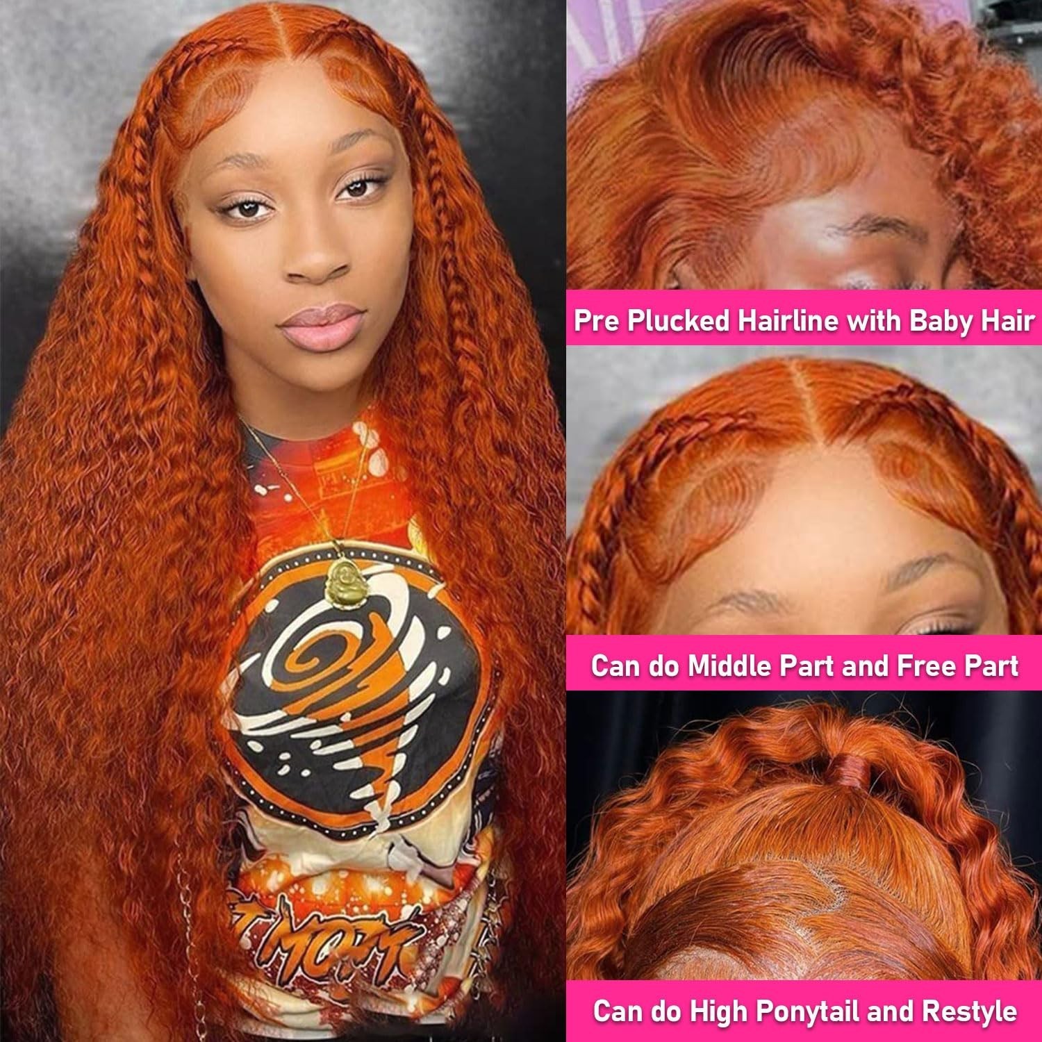 26″ Ginger Orange Deep Wave Lace Front Wig, 13×4 HD Transparent, 180% Density, C