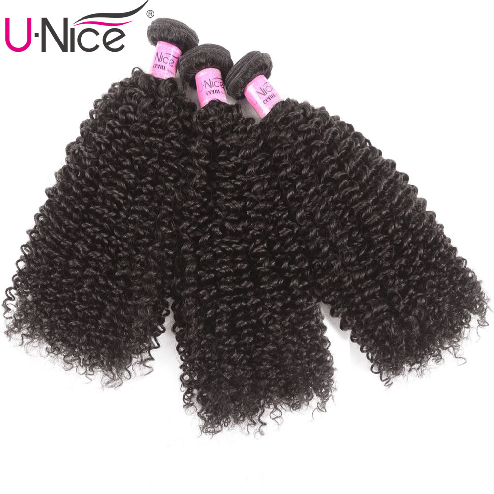 UNice Cambodian Kinky Curly Human Hair Extension Bundles with Lace Closure Weave