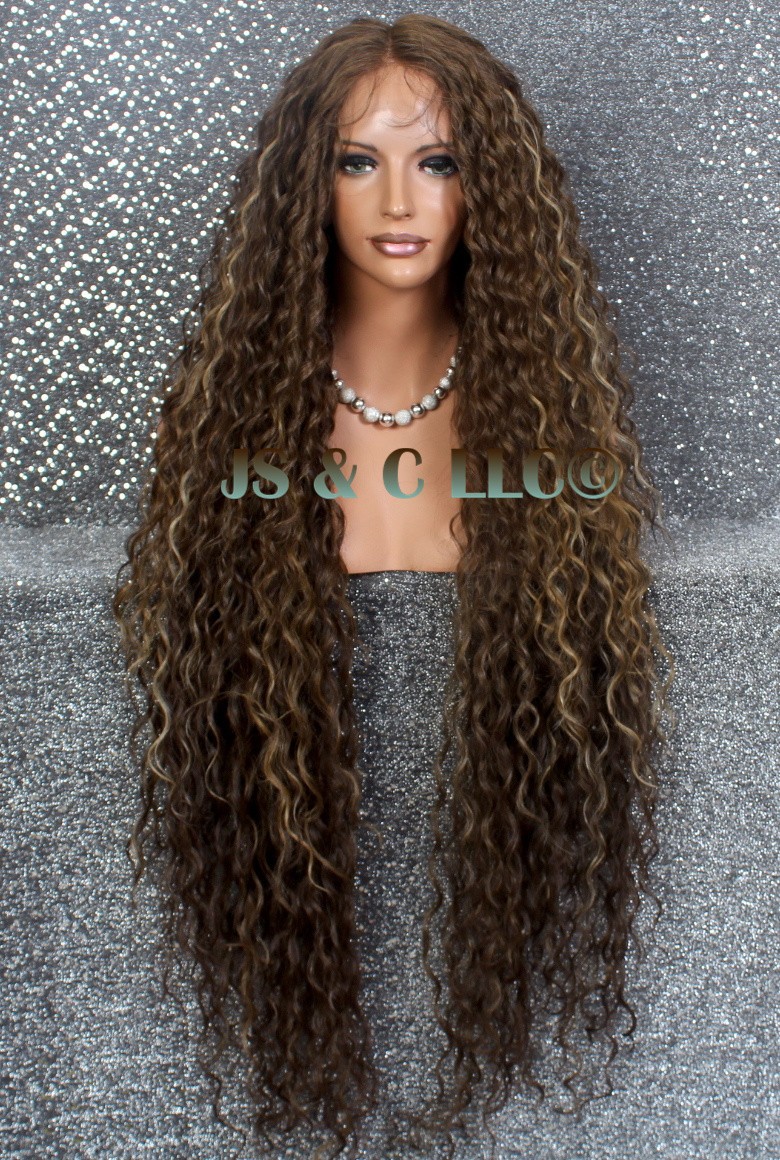 48 EX LONG Human Hair Blend Lace Front Wig Caramel Brown water Wave Heat OK JSEP