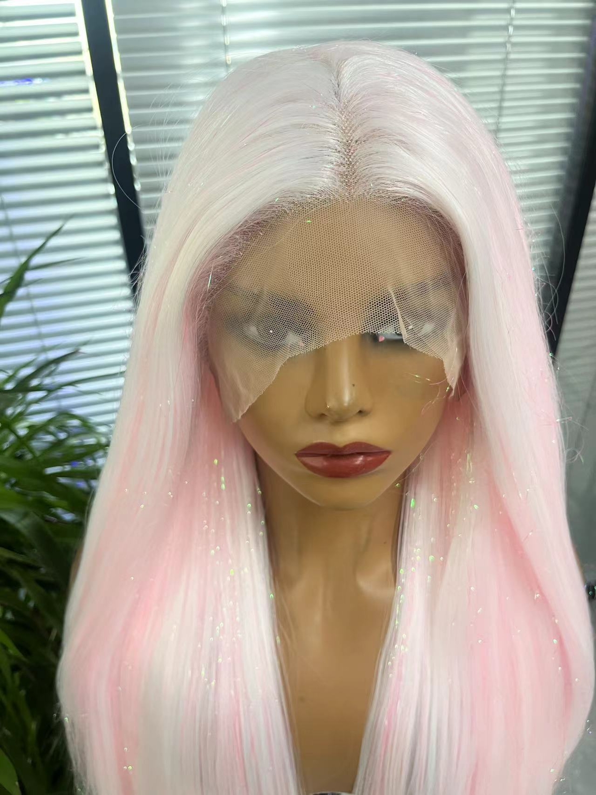 Ice Pink / Cream Pink Tinsel Blended Long Straight Hair Synthetic Lace Front Wig