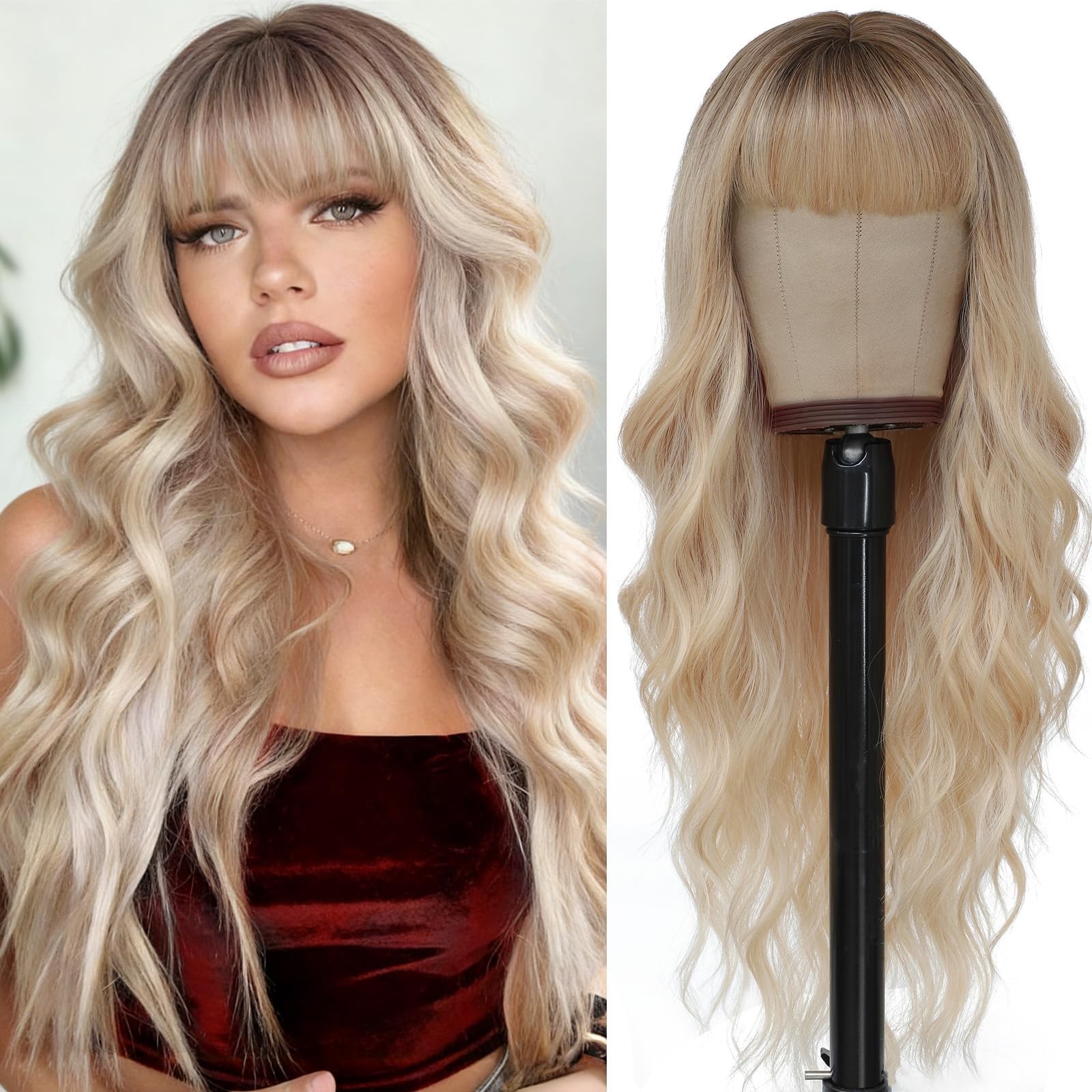 Blonde Wig with Bangs for Women 26 Inch Long Wavy Blonde Wigs Synthetic Heat …