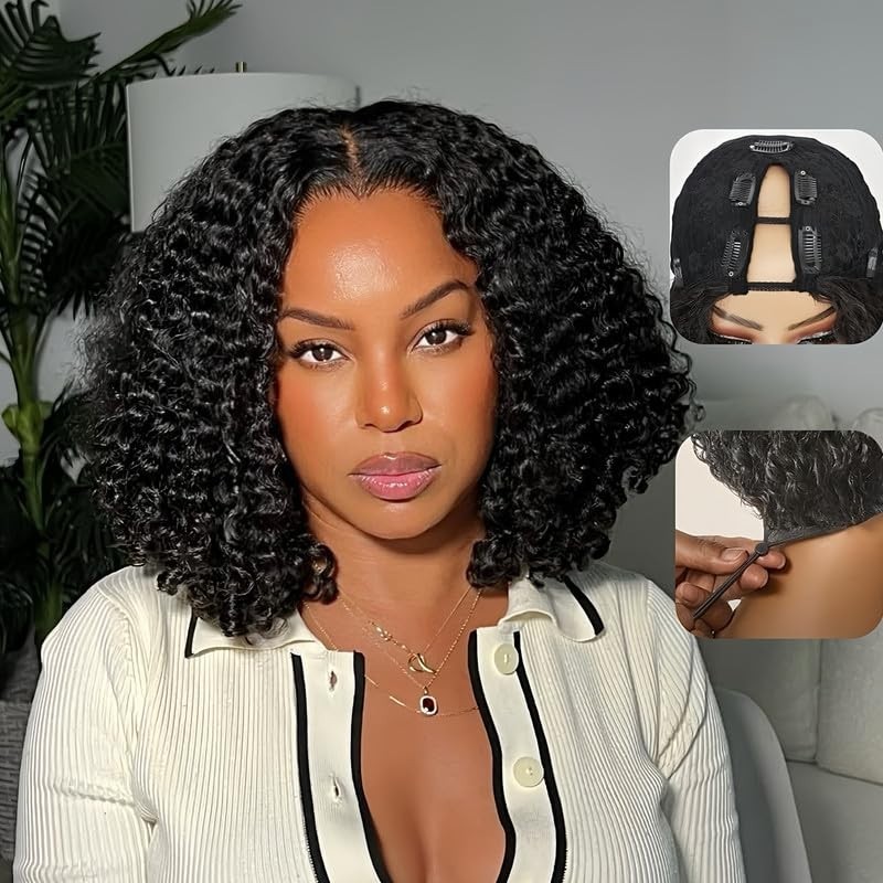 200% Density V Part Curly Human Hair Wig – Glueless Clip-In Half Wig for Black W