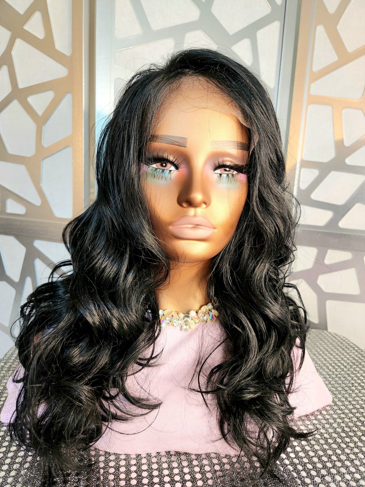 Curly Black Wig Human Blend Loose Wave Free Parting 13×4 Lace Front Wig Glueless