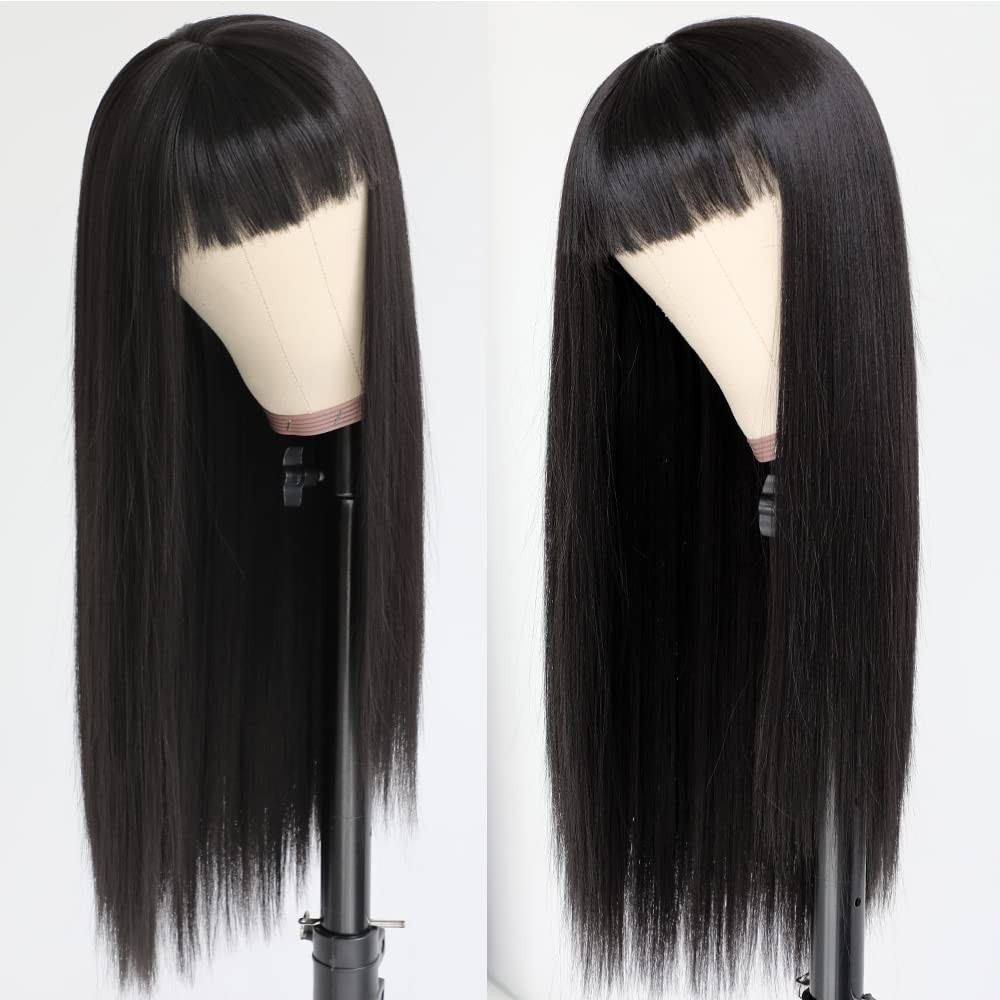 Synthetic Hair Wig 24 Inch Black Straight No Lace Full Bangs Youthful Style
