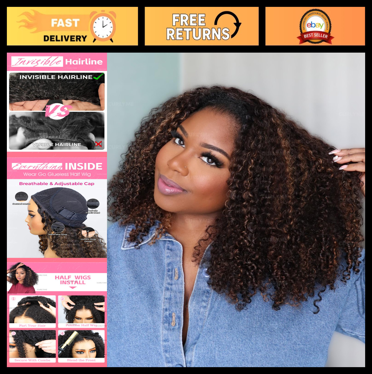 Kinky Curly Half Wig Ombre Honey Blonde 18″ Human Hair Glueless Install, 3-in-1