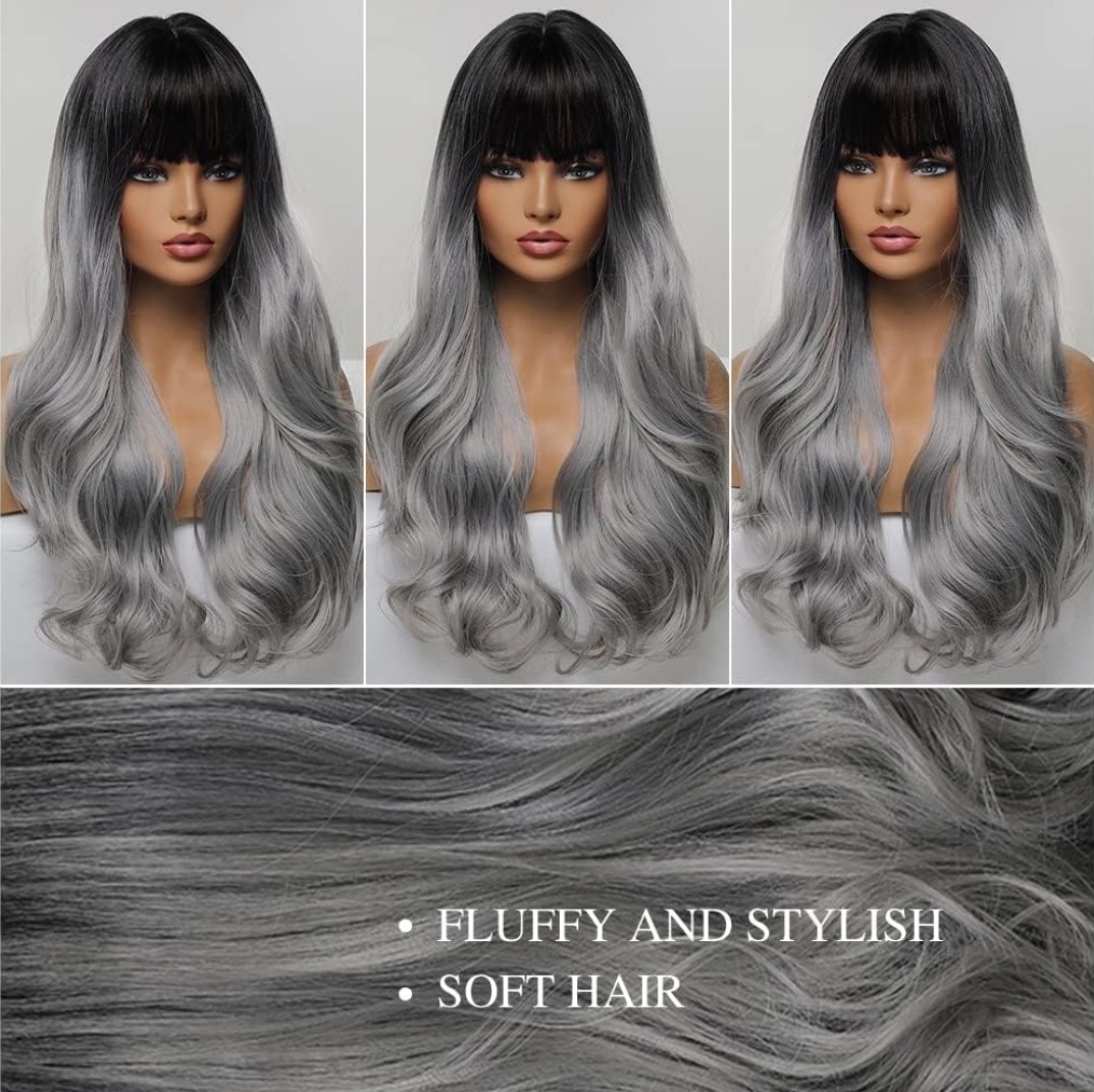 Balayage Wig – Human Hair Blend Platinum Blonde Silver Black Rainbow Multicolor