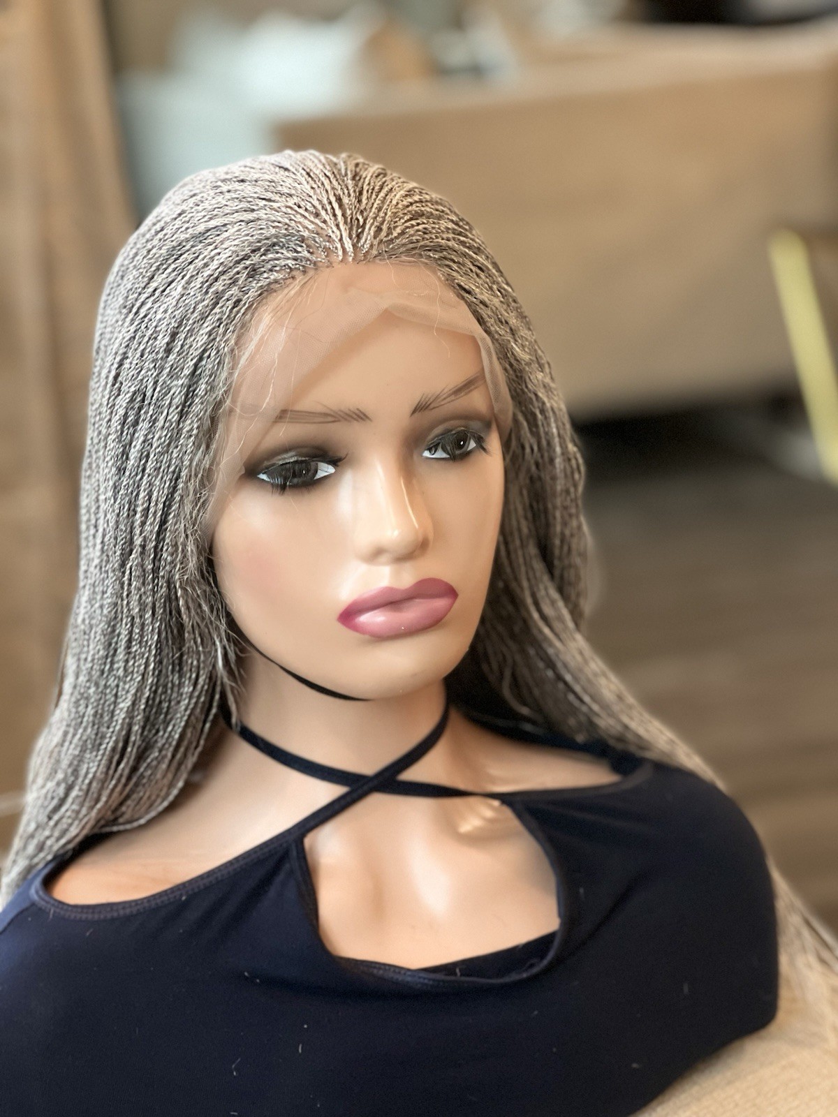 BRAIDED MICRO TWIST WIG . Made on a full lace wig.length is 28”long.gray wig