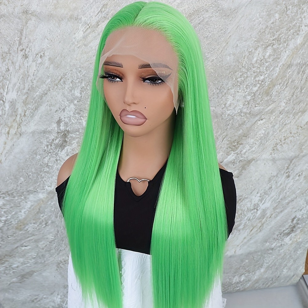 Women Long Straight 13×4 Frontal Lace Wigs Synthetic Hair Heat Resistant Green