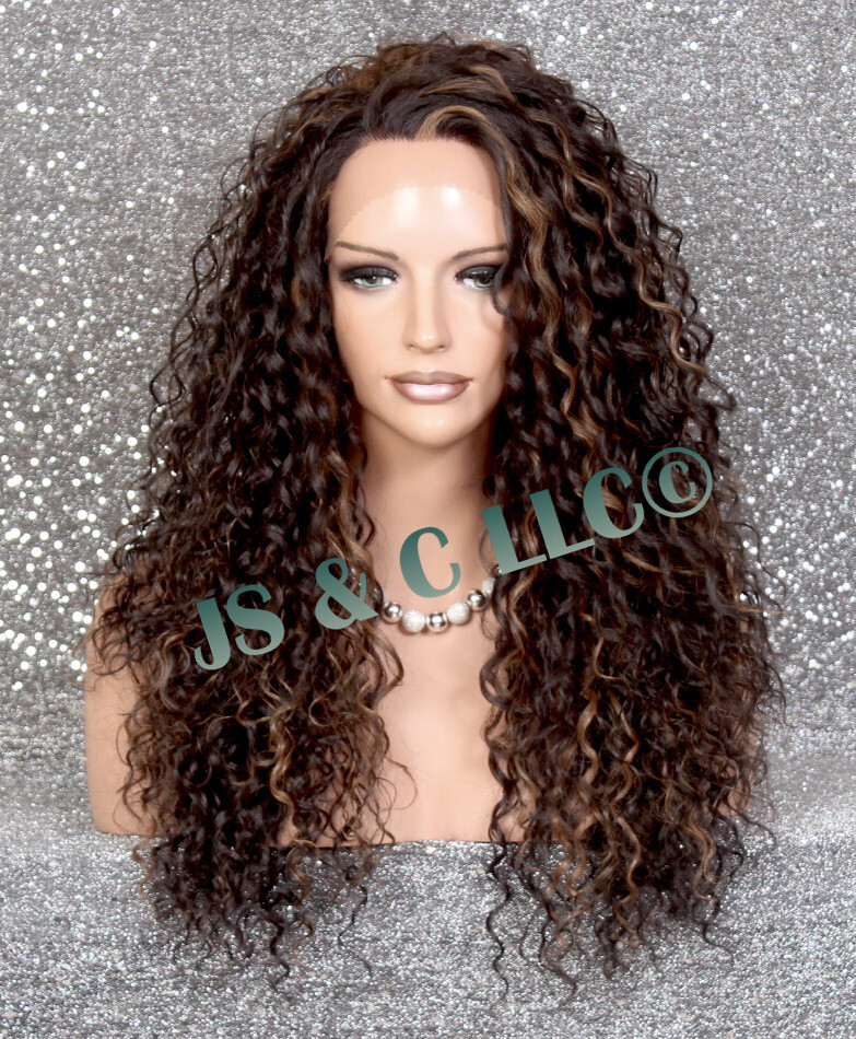 Human Hair blend Heat OK Wavy Curly Lace Front Wig Long Brown mixed DLY 4-27