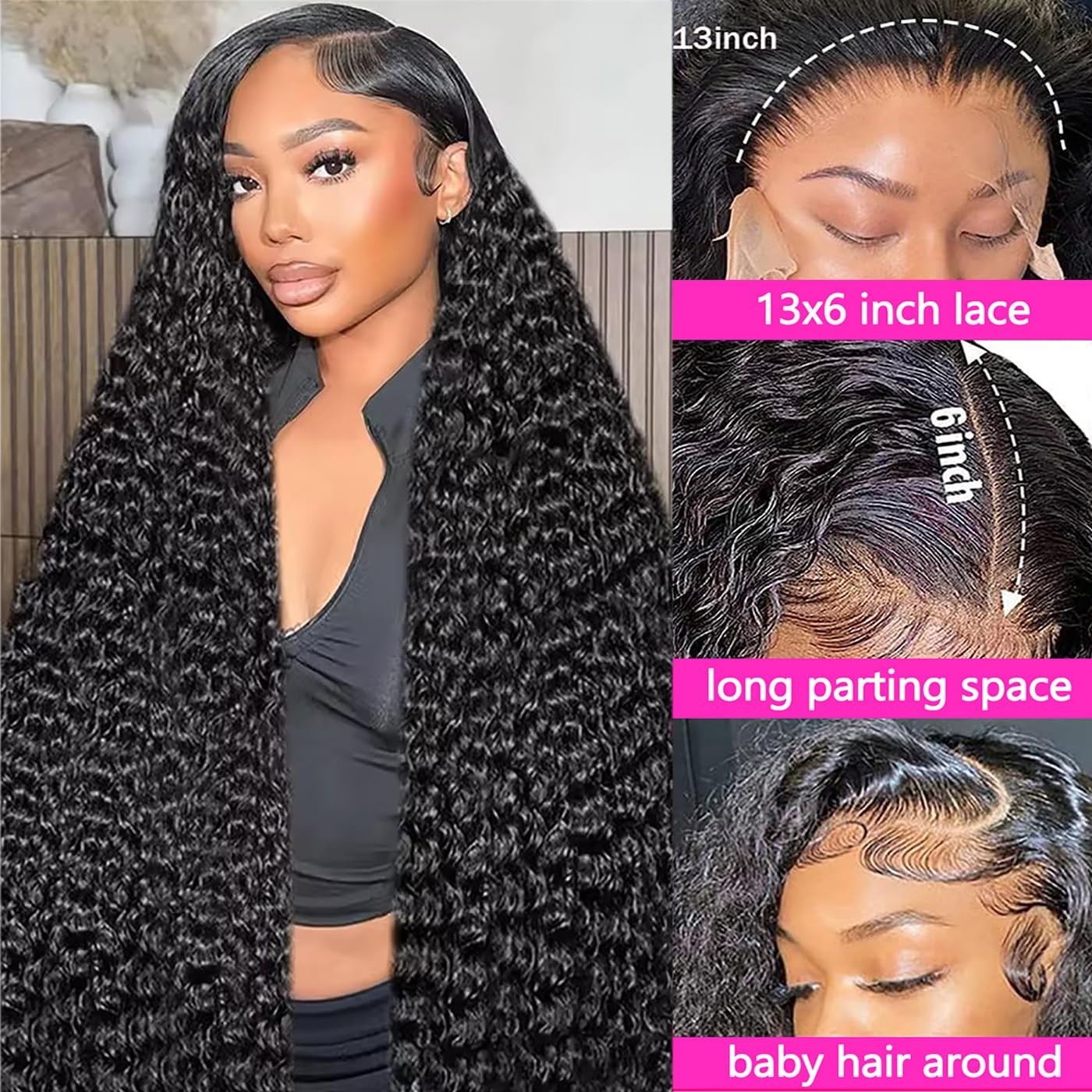 34″ 13×6 Lace Front Human Hair Wig, 200 Density Water Wave, Pre-Plucked Curly fo