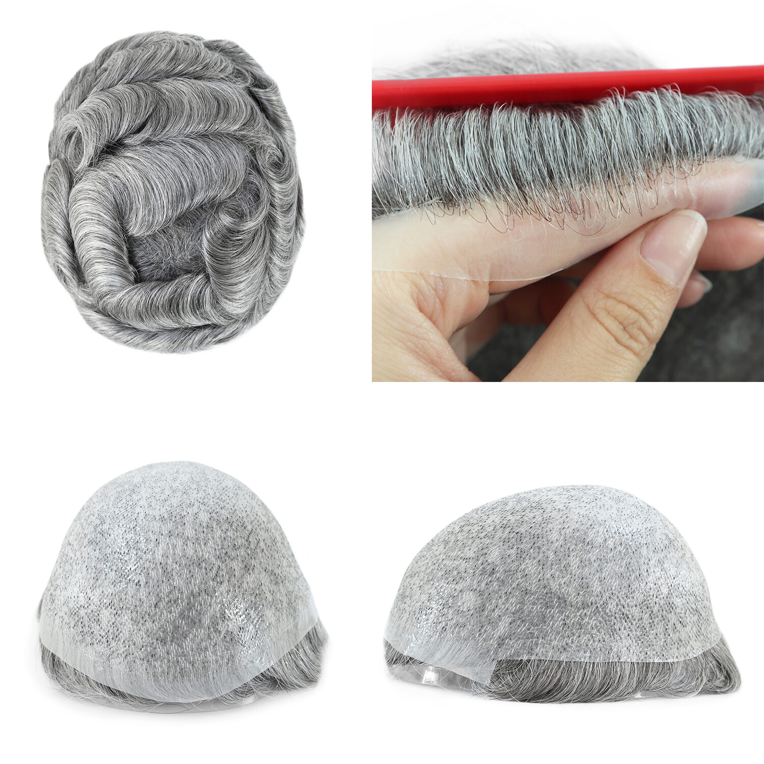 Toupee For Men Human Super Thin Skin V Looped Men Hairpiece Wig Black Grey #1B65