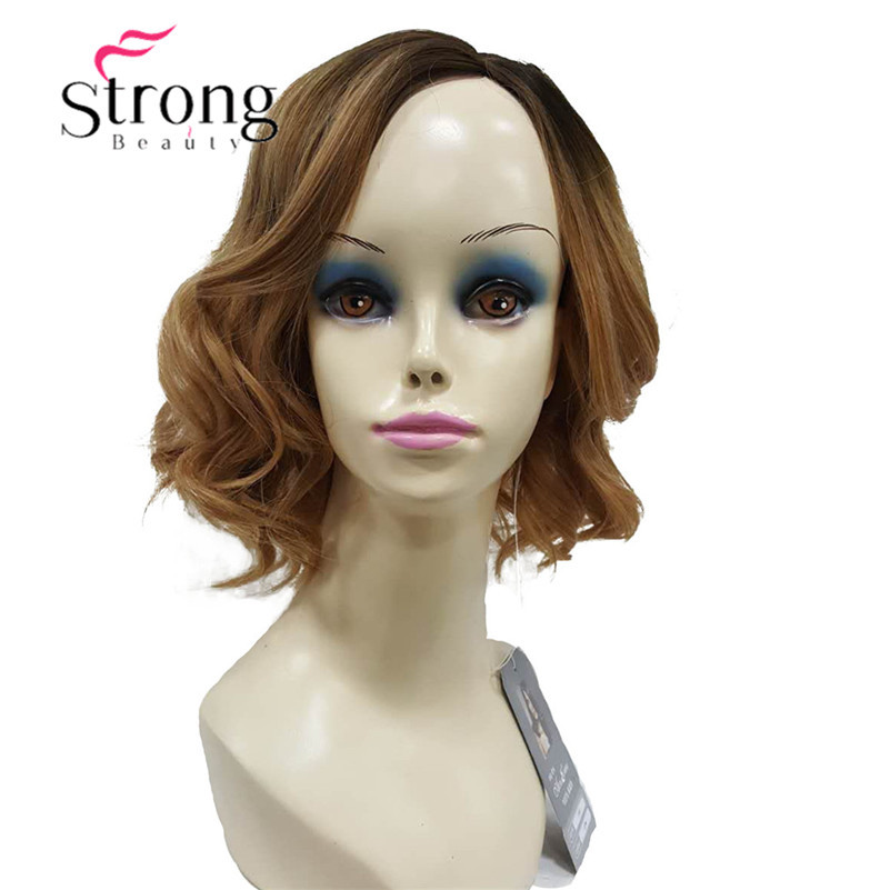 Short Black/Brown Ombre Bob, Side Part, No Bangs Full Synthetic Wigs for Women