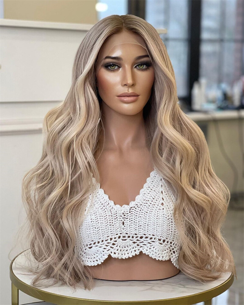 Ash Brown Mixed Golden Blonde Highlight Wavy Remy Human Hair Lace Front Wigs