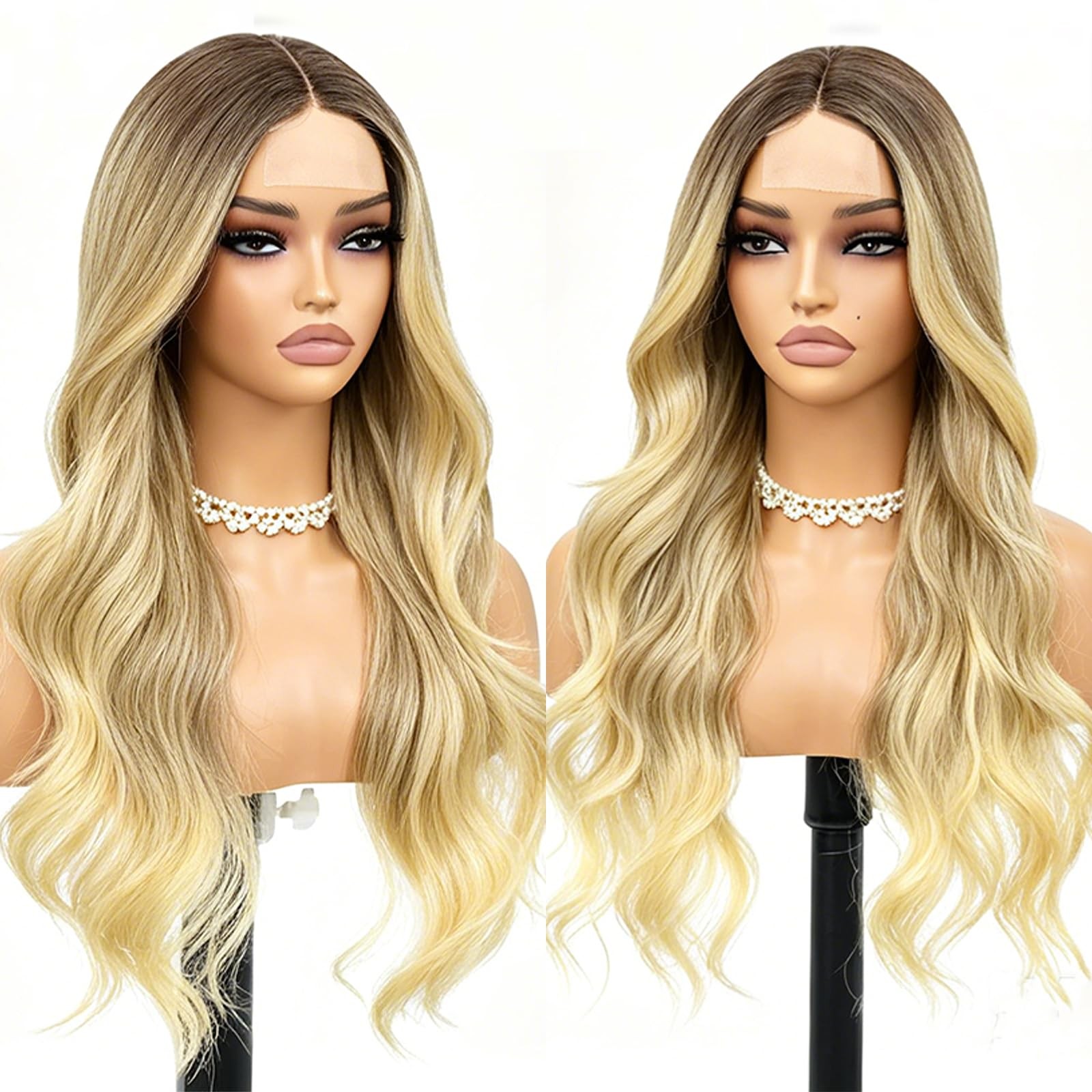 Long Ombre Dark Root Blonde Wavy Wig 4×1 Lace Natural Hairline Middle Part Cu…
