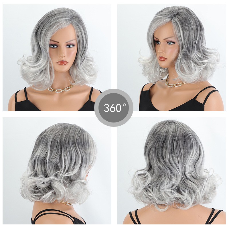 12in Silver Gray Wavy Wig for Women Heat Resistant Synthetic Full Cosplay Party