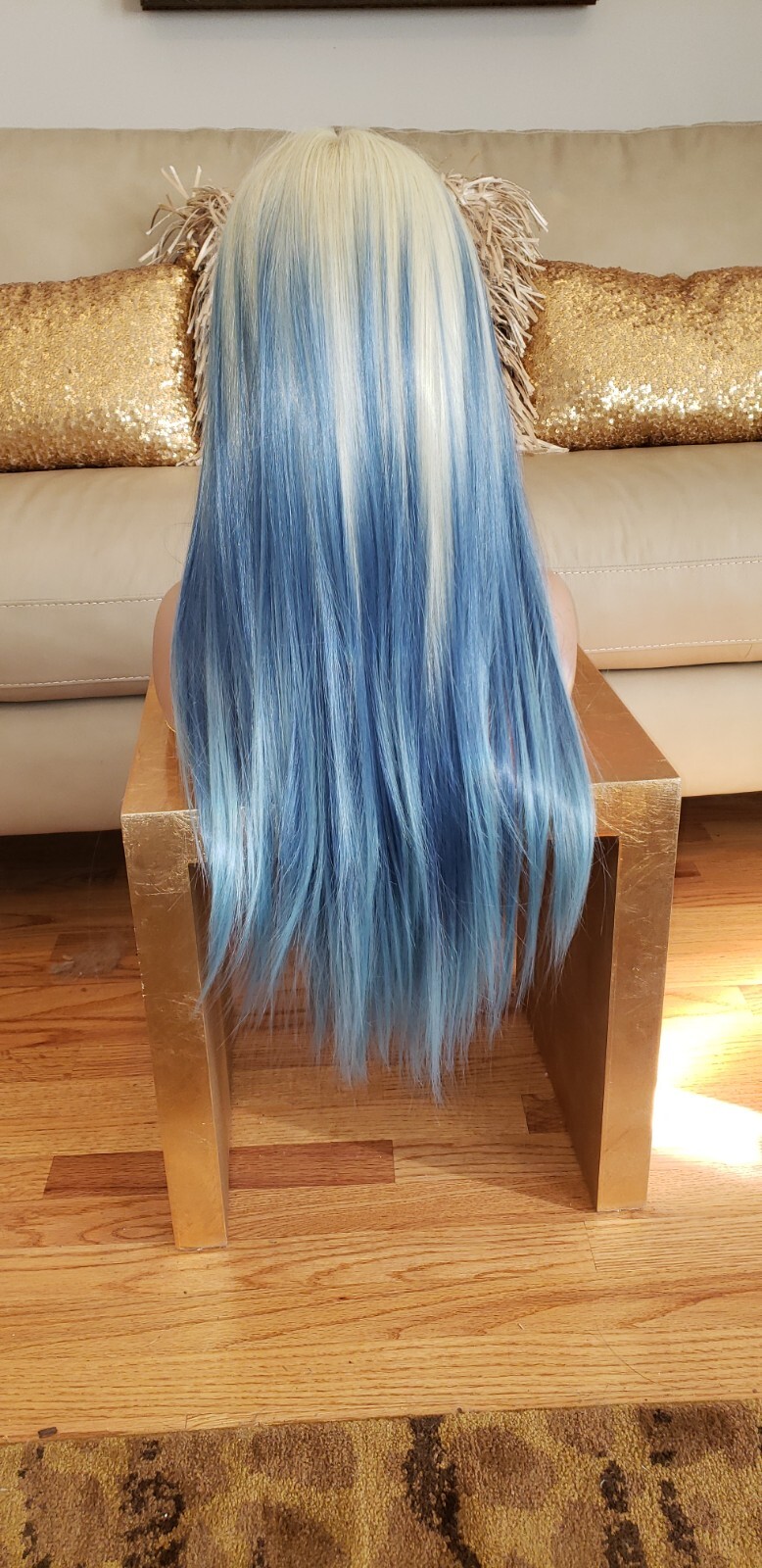 Long Front Lace Wig – Human Hair Blend – Blue Balayage Rainbow Multicolor silk